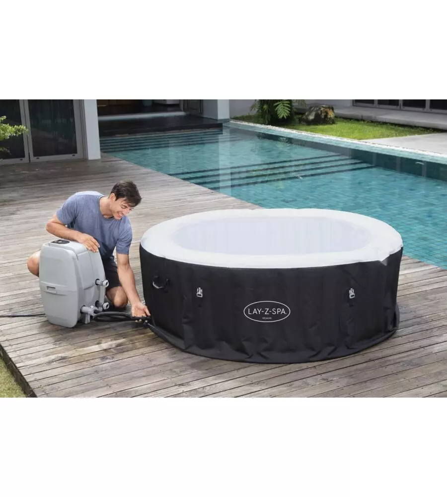 Piscina idromassaggio gonfiabile rotonda bestway "lay-z-spa miami airjet" 2/4 persone 180x180x66 cm con cartuccia, erogatore chemconnect e copertura gonfiabile - cod. 60001